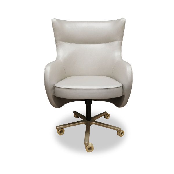 An elegant and modern executive chair the Halstead's exaggerated dimensions lend to its bold visual impact. The bespoke 5 spoke swivel base is available in a number of different metallic finishes.
